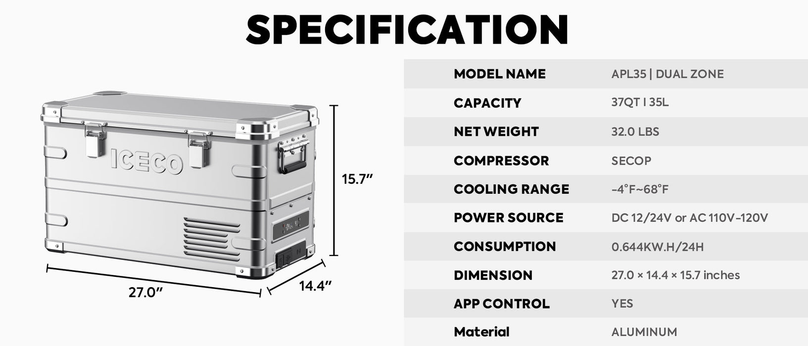 ICECO APL35 Dual Zone Aluminum Silver Fridge 35 LT