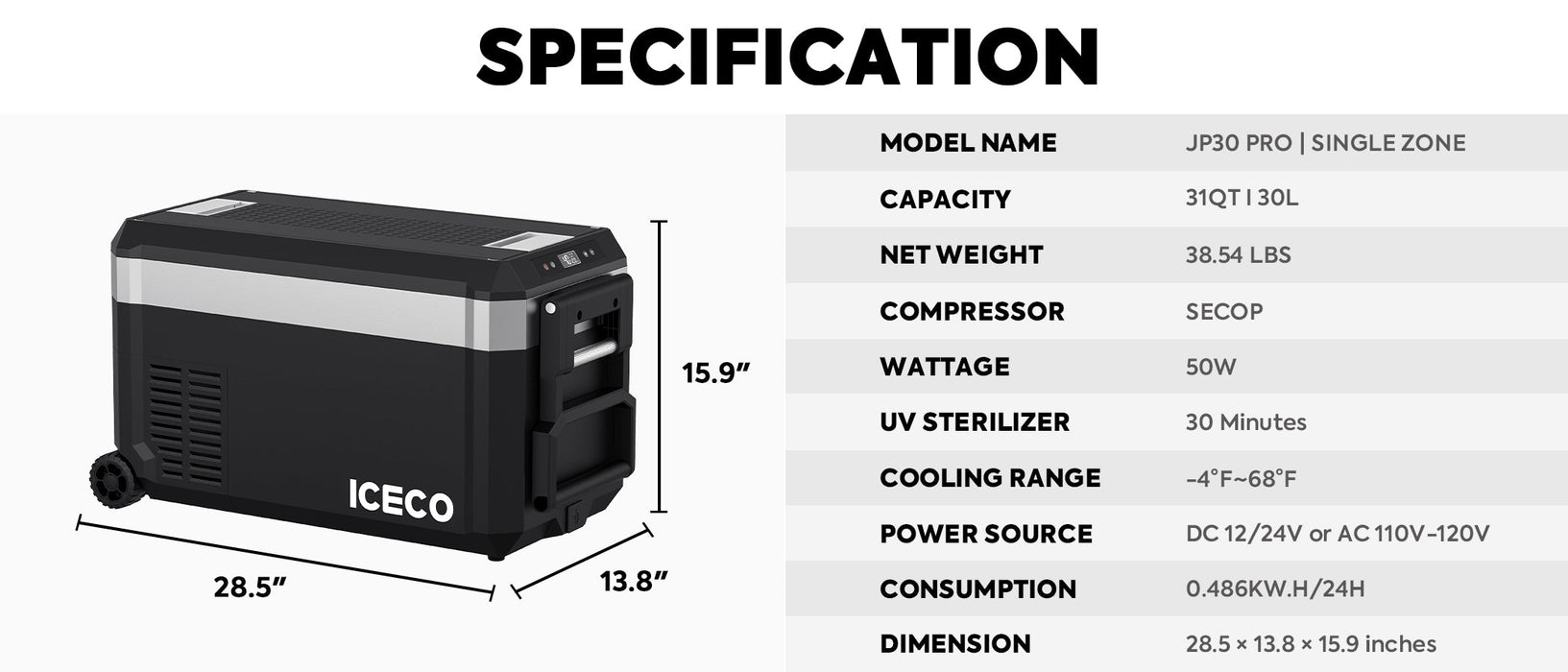 ICECO JP30 Pro Single Zone Wheeled Portable Freezer With Cover 30 LT