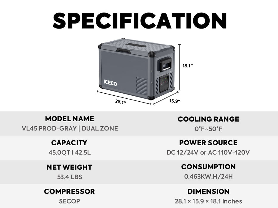 ICECO VL45ProD Dual Zone Portable Freezer Gray